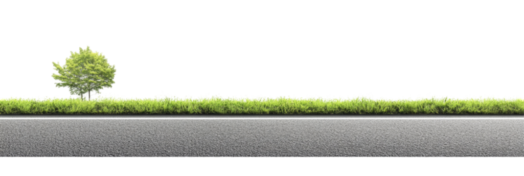 Serene roadside view with a lush green tree and vibrant grass along a smooth asphalt path under clear skies on transparent background