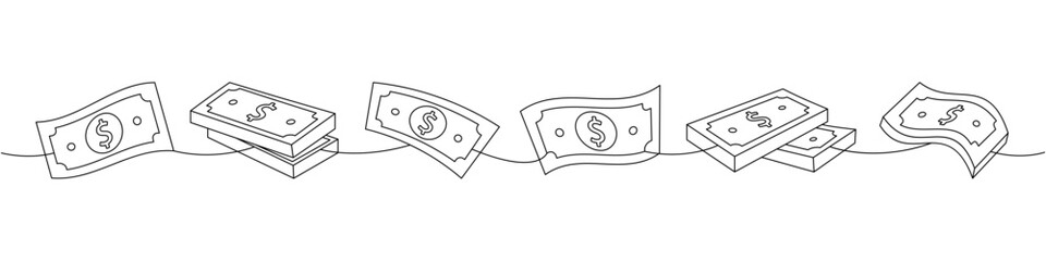 Set of dollar bills one line continuous drawing. Money investment and finance. Vector illustration.