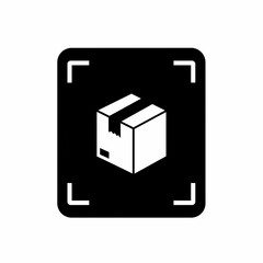 Minimalistic black package box icon inside a black scanning frame, simple white background, flat design, clean and modern style, no text