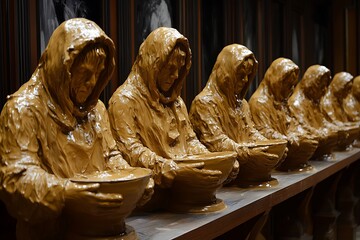 Religious figures, clay statues, church exhibit, devotional art, historical display