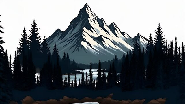Black silhouette of rugged mountain peaks with eagle flying overhead and river flowing through pine forest, nature adventure logo concept, isolated on white background.