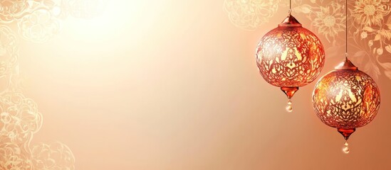 Ornate copper-colored lanterns against a soft peach background.