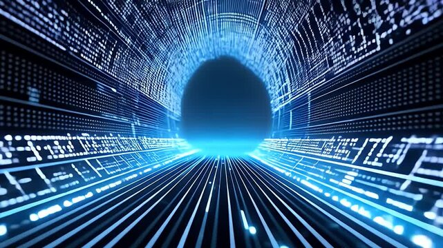 A sleek 3D data tunnel made of glowing binary code flowing through a grid-like corridor, symbolizing ultra-fast internet, big data processing, and digital transformation in a high-speed tech era