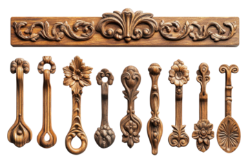 Intricate hand carved wooden spoons and ornate frieze showcase exquisite craftsmanship rich on transparent background