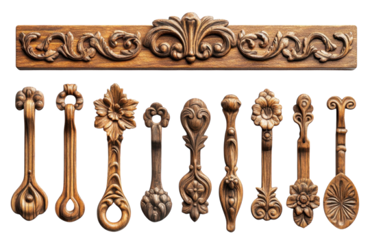 Intricate hand carved wooden spoons and ornate frieze showcase exquisite craftsmanship rich on transparent background