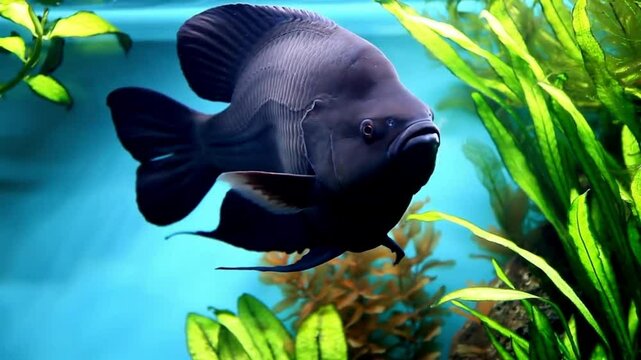 black fish feeds on a piece of meat thrown into an aquarium