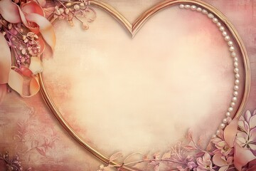 Romantic Gold Heart Frame with Pearls and Flowers on Vintage Background
