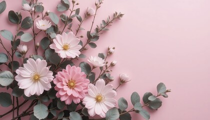 Eucalyptus branches and beautiful flowers on a pink background. Place for text