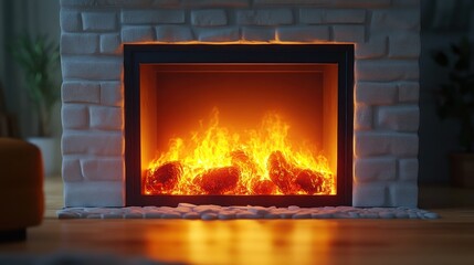 Fototapeta premium Cozy fireplace in a modern white brick wall