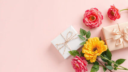 Gift boxes and flowers on a soft pink background for Mother's Day. Top view with space for text.