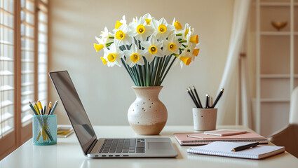 A blogger's workspace, with an elegant vase filled with a bouquet of fresh white daffodils on a wooden table surrounded by office essentials.