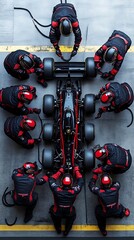 Pit Crew Working on Racing Car, Overhead View, High-Speed Competition, Automotive Repair