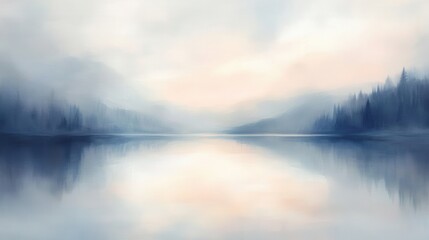 Serene Watercolor Landscape of a Misty Lake and Mountains at Dawn