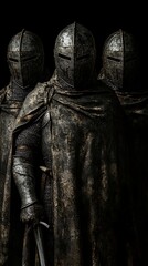 Medieval knights in armor, dark background, dramatic pose, historical concept, possible use for fantasy, history, or gaming