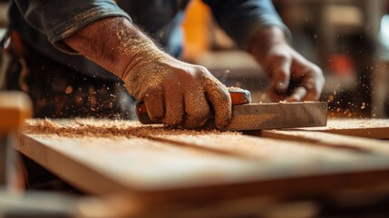 Carpenter cutting wood for a custom closet installation. Featuring precision and craftsmanship