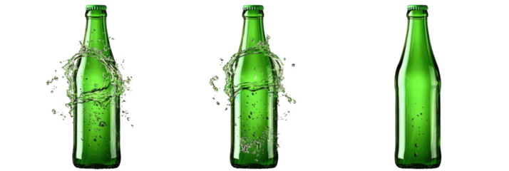 Refreshing Green Beer Bottles with Splashing Water in a Dynamic Composition on transparent background