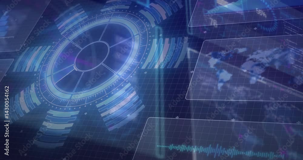 Poster digital hud displaying radial circle with segmented bars left side, floating panels and charts