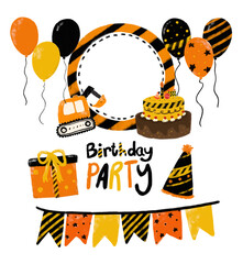 cute set birthday party in construction site theme kids boy invitation card design illustration in orange black yellow colourful bright vibrant color heavy machinery digger crane clipart vector
