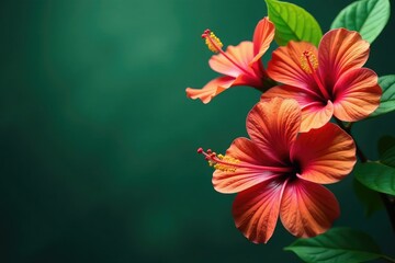 Fototapeta premium Bold tropical hibiscus blooms, vibrant green leaves, blossom, bold