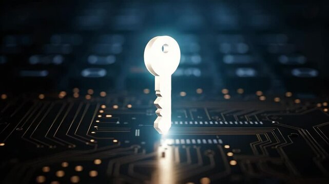 A glowing key hovers above a circuit board, symbolizing technology and innovation.