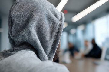 Man in Hoodie Sitting in Conference Room Pretending to Be IT Staff