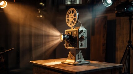 Vintage Film Projector Illuminated by Spotlights in a Dark Room