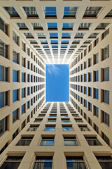 Upward view of tall modern building with symmetrical facade against blue sky. Geometric design in minimal architecture