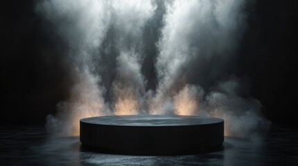 Black podium, dark smoke, with multiple light sources, complex 