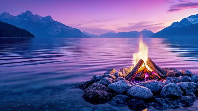 A serene lakeside scene featuring a glowing campfire against a backdrop of mountains at twilight.