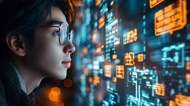 Young man intensely gazing at a complex digital screen interface visualizing data and information flows