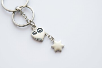 Shiny silver keychain with heart and star charms. Metal chain connects charms to keyring. Simple white background. Stylish accessory. Perfect gift for someone special.