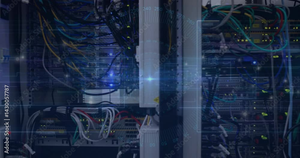 Poster network rack being animated in 3d render, showing blinking leds and hud overlay elements