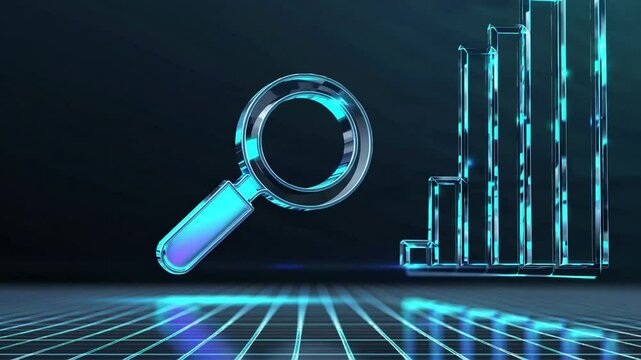 3D graph up with search notice icon for finance statistic, sell and buy report. analyzing investment money cash and exchange with finance.
