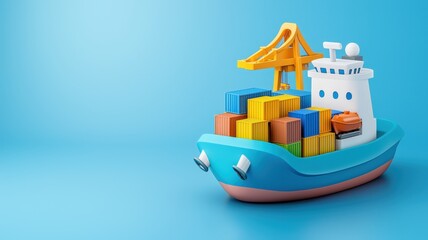 Obraz premium Export, trade and demand concept. A colorful toy cargo ship loaded with containers, set against a light blue background, showcasing a playful maritime theme.
