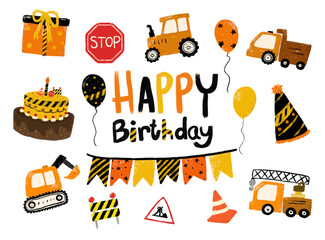 cute set birthday party in construction site theme kids boy invitation card design theme in orange black yellow colourful bright vibrant color heavy machinery digger crane clipart vector illustration