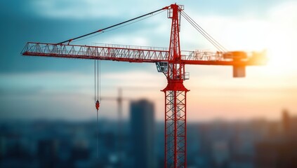 Stunning Red Crane Silhouette Against a Dramatic Sky at Sunset, Capturing Urban Construction and Industrial Beauty