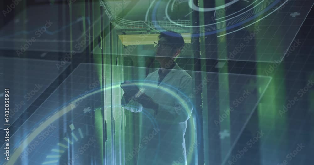 Poster data center engineer inspecting server racks with tablet, featuring floating tech network graphics