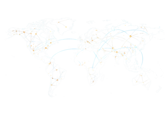 A visual representation shows a world map with interconnected lines and nodes symbolizing global data flows and communication pathways, highlighting intercontinental connectivity