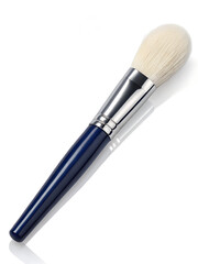 Fototapeta premium Close-up render of a stylish, large makeup brush with a dark blue handle, captured against a clean white background. The bristles are finely detailed and appear soft and voluminous, emphasizing the br