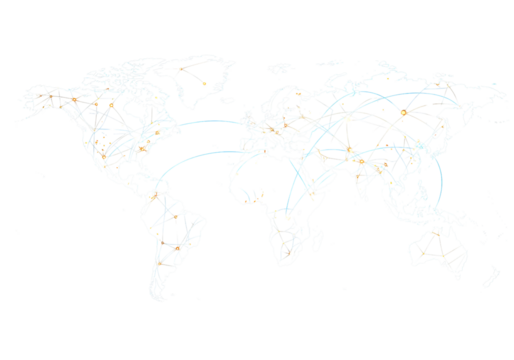 A visual representation shows a world map with interconnected lines and nodes symbolizing global data flows and communication pathways, highlighting intercontinental connectivity