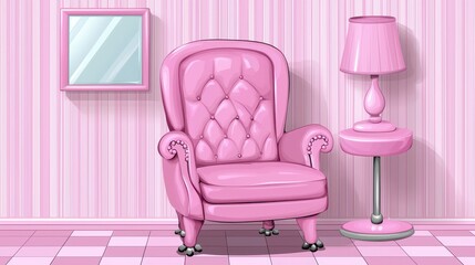 Cozy Pink Armchair with Matching Lamp and Mirror in Chic Pastel Room
