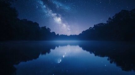 Tranquil lake reflections mirrored beneath a starry sky in a forest setting