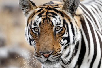 Fototapeta premium Tiger Wearing Zebra Stripes Camouflaged on the Savannah