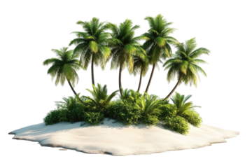 Lush Tropical Island with Palm Trees and Greenery on Sandy Shoreline on transparent background