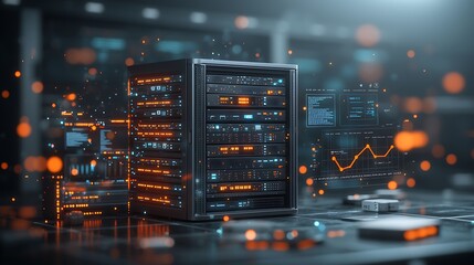 Obraz premium Server rack with data visualizations, abstract digital network environment