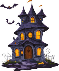 Spooky Haunted House with Gothic Architecture, Dark Roof, and Glowing Windows Surrounded by Bats and Pumpkin Decorations for Halloween Celebration