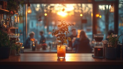 Sunset Cafe: Orange Drink with Plant on Bar, Warm Light and Blur