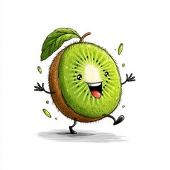 Happy cartoon kiwi fruit character dancing on white background. Green fuzzy skin, small legs, joyful expression. Digital illustration style.