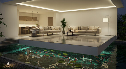 Interior showcases living room with pond and Koi fish swimming peacefully inside