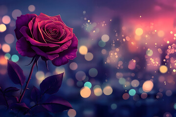 Crimson rose, bathed in city lights, showcases romantic beauty.